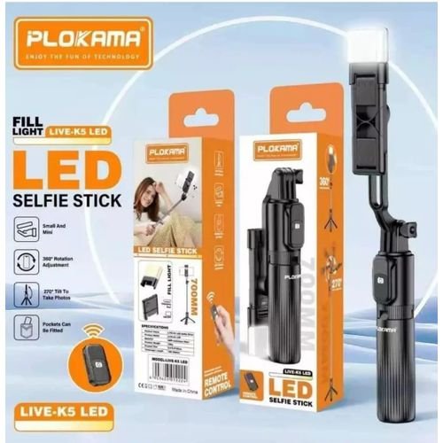 Plokama LIVE K5 2-in-1 LED Selfie Stick & Tripod Stand for Mobile Photography