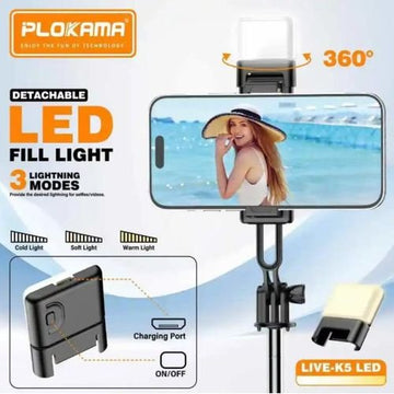 Plokama LIVE K5 2-in-1 LED Selfie Stick & Tripod Stand for Mobile Photography